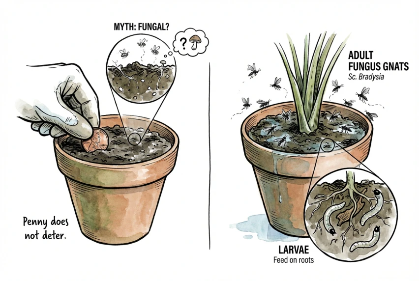 Illustration of the fungus gnat life cycle showing adults on the soil surface and larvae in moist potting mix.