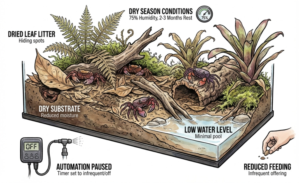Illustrative diagram of a paludarium at a reduced water level during the rest period.