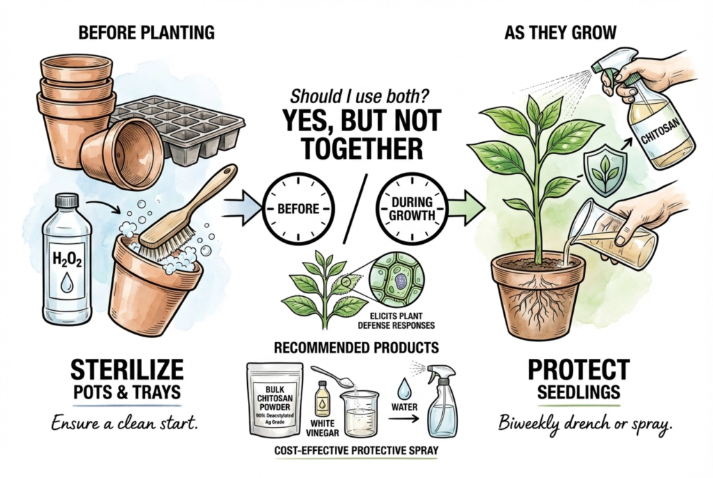 Illustration contrasting cleaning empty pots before planting with treating growing seedlings; a concept graphic, not a dosing chart