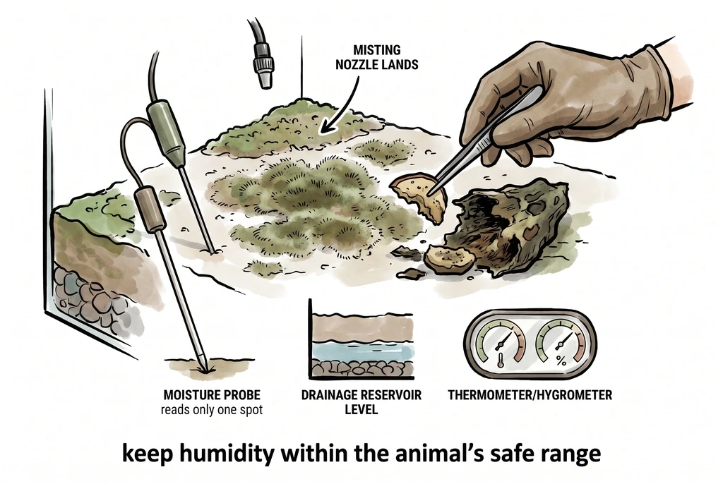 Conceptual illustration of recurring mold at one spot in a vivarium, with a moisture check and food-source inspection.