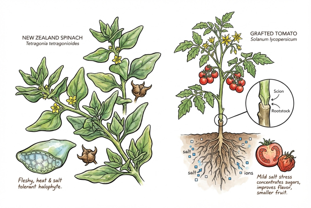 Illustration of succulent New Zealand spinach foliage alongside a grafted tomato