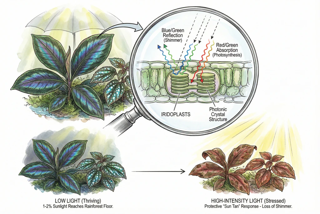 Illustration of light rays hitting a leaf surface with blue light reflecting off layered structures, depicting the idea of structural color.