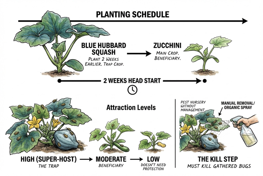Illustration showing the Blue Hubbard trap crop planted about two weeks before the main crop, with a ladder of crops ranked by how attractive they are to beetles.