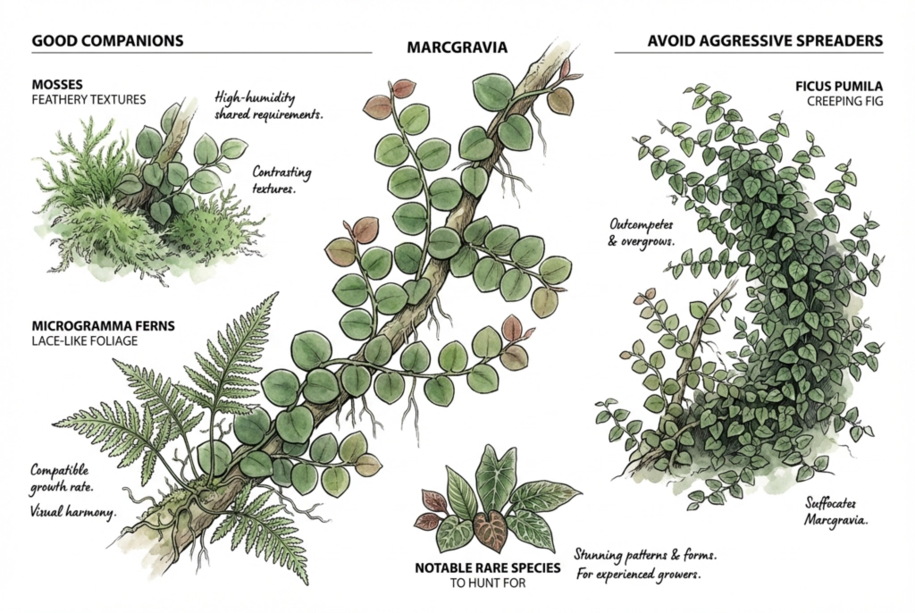 Conceptual illustration contrasting flat foliage with feathery moss and lacy fern textures.