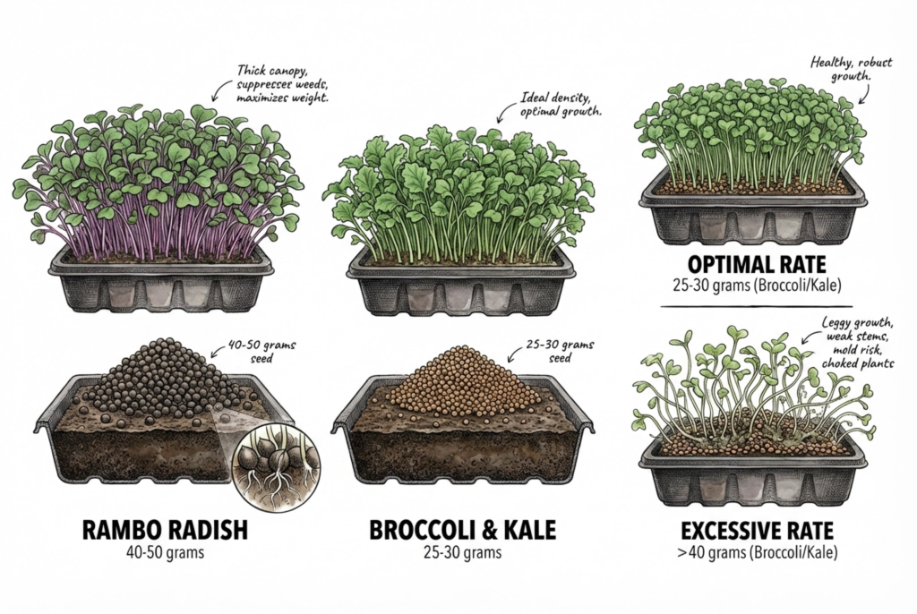 Illustration of starting seeding-rate ranges for radish and broccoli in a 1020 tray