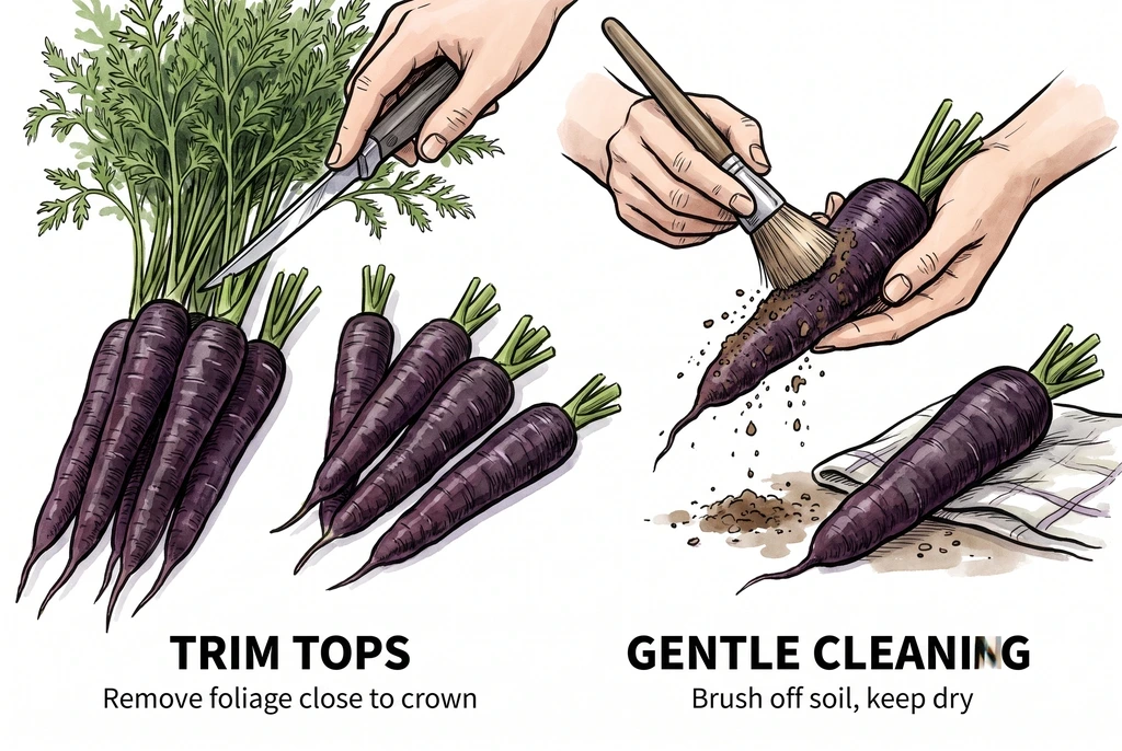 Freshly pulled carrots with their leafy green tops being trimmed off close to the crown.