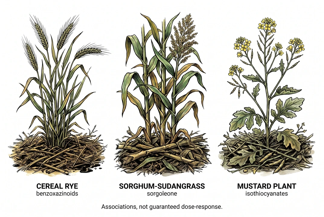 Illustration comparing cereal rye, sorghum-sudangrass, and mustard cover crops and associated compounds. Target weeds and effects depend on dose, stage, and field conditions and are not fixed.