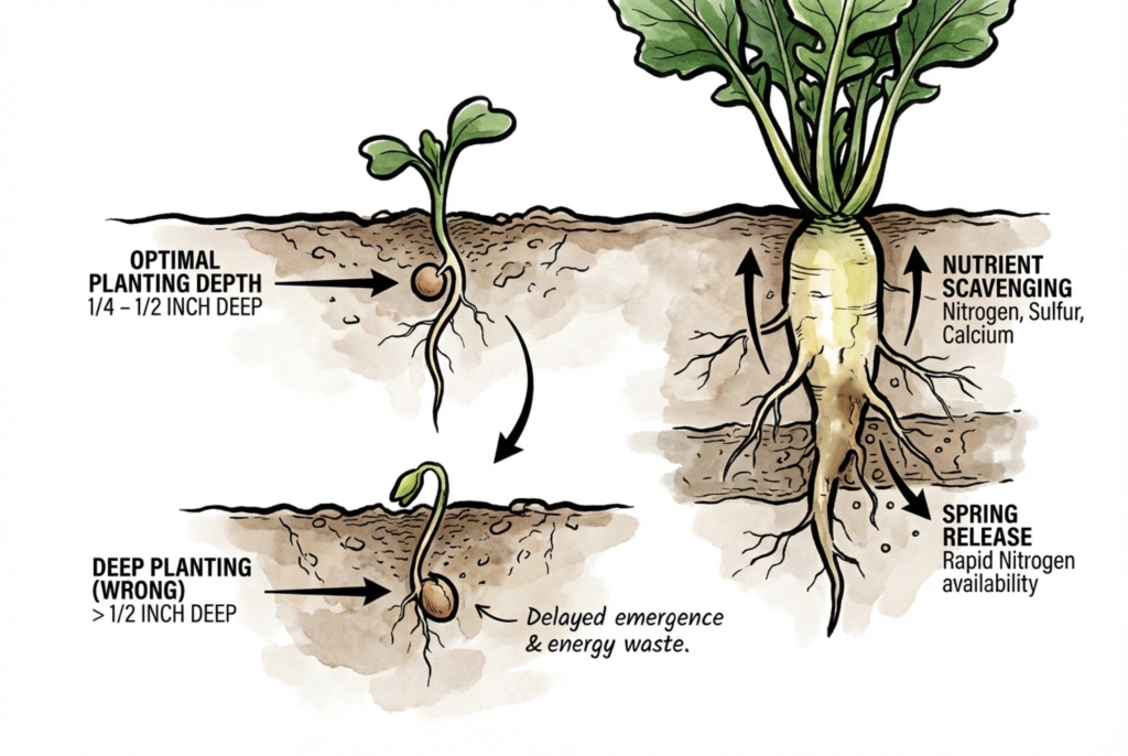 Illustration comparing shallow seed placement that emerges promptly with deeper placement that emerges late, alongside roots scavenging nitrogen, sulfur, and calcium.
