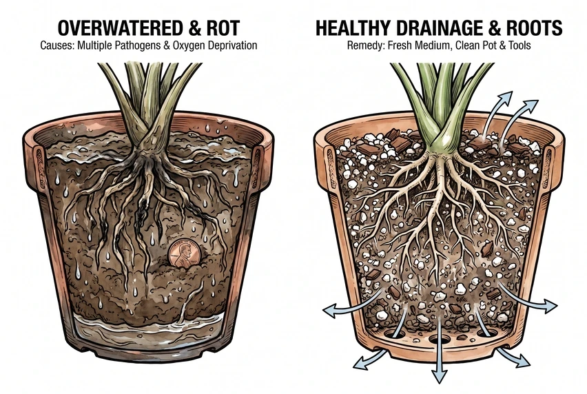 Illustration contrasting a waterlogged pot causing root rot with a well-draining pot, showing that a penny does not add oxygen or improve drainage.