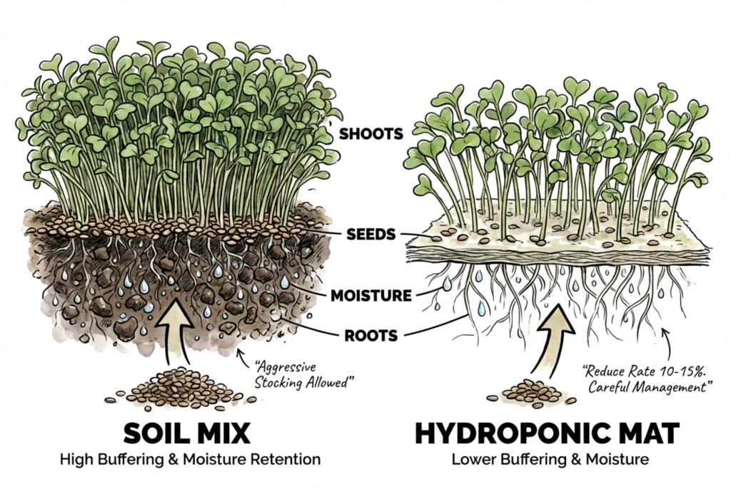 Illustration contrasting the root zone of a soil mix with a hydroponic growing mat