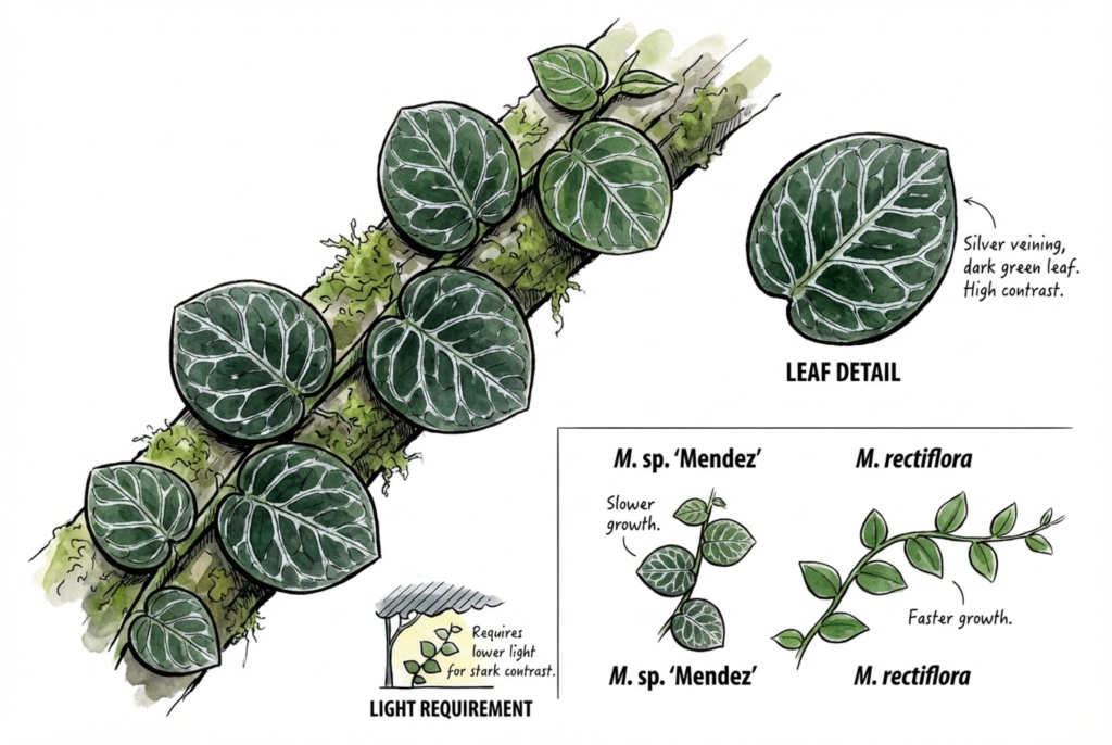 Stylized rendering of a round-leaved, veined Marcgravia trade form.