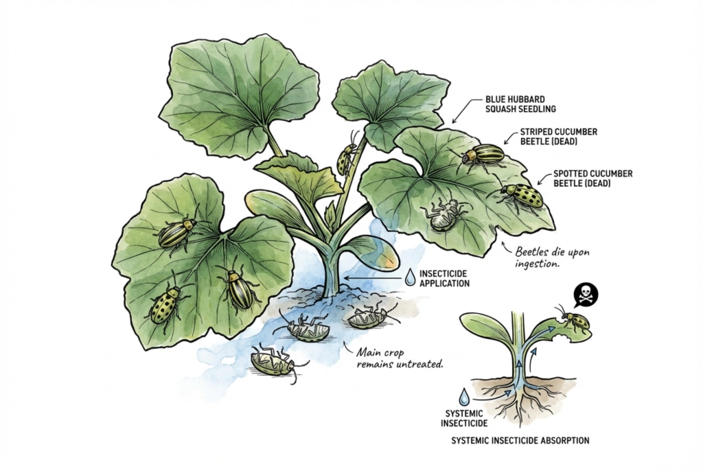 Illustration of a systemic insecticide taken up through the root zone of the perimeter trap crop, with beetles dying on the treated border while the center crop is untreated.