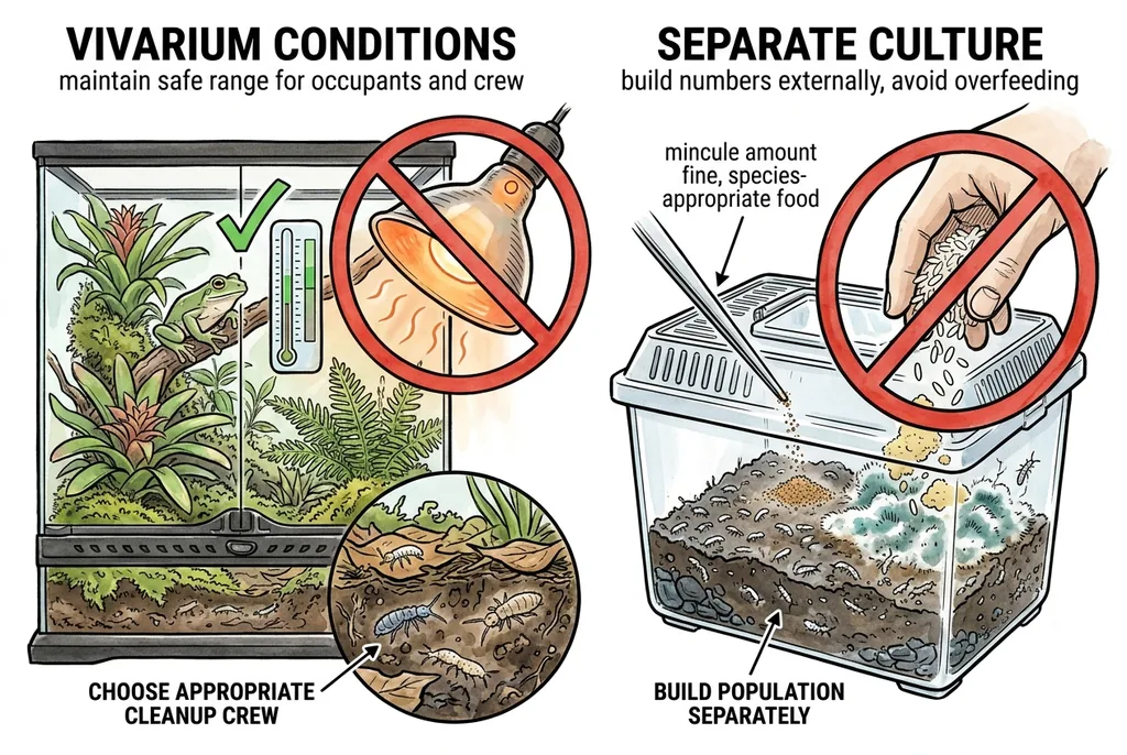 Conceptual illustration of a struggling springtail population in a vivarium, with temperature and food-source checks.