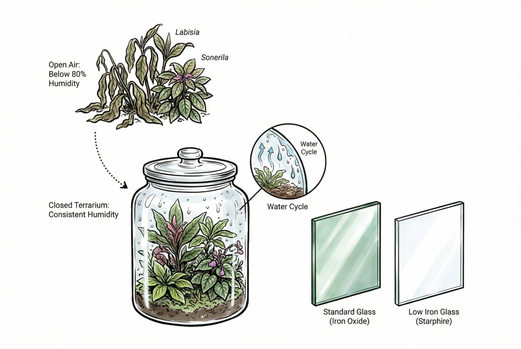 Illustration of a sealed glass terrarium on a wooden surface with the internal evaporation-and-condensation cycle indicated.