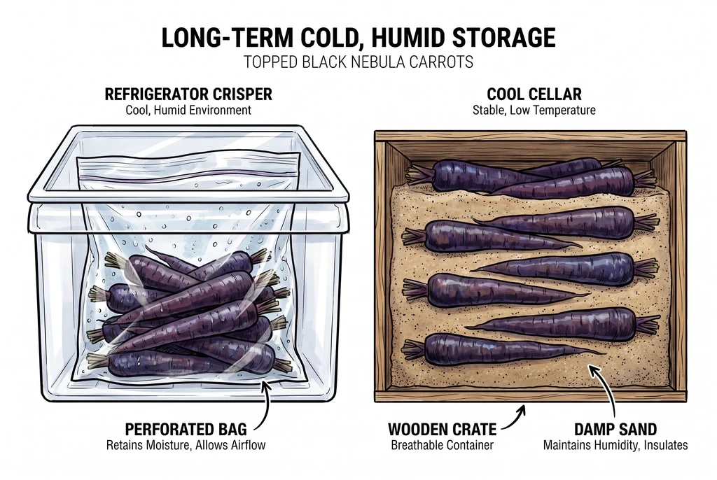 Two carrot storage methods shown side by side: carrots in the fridge crisper drawer and carrots packed in a crate of damp sand in a root cellar.