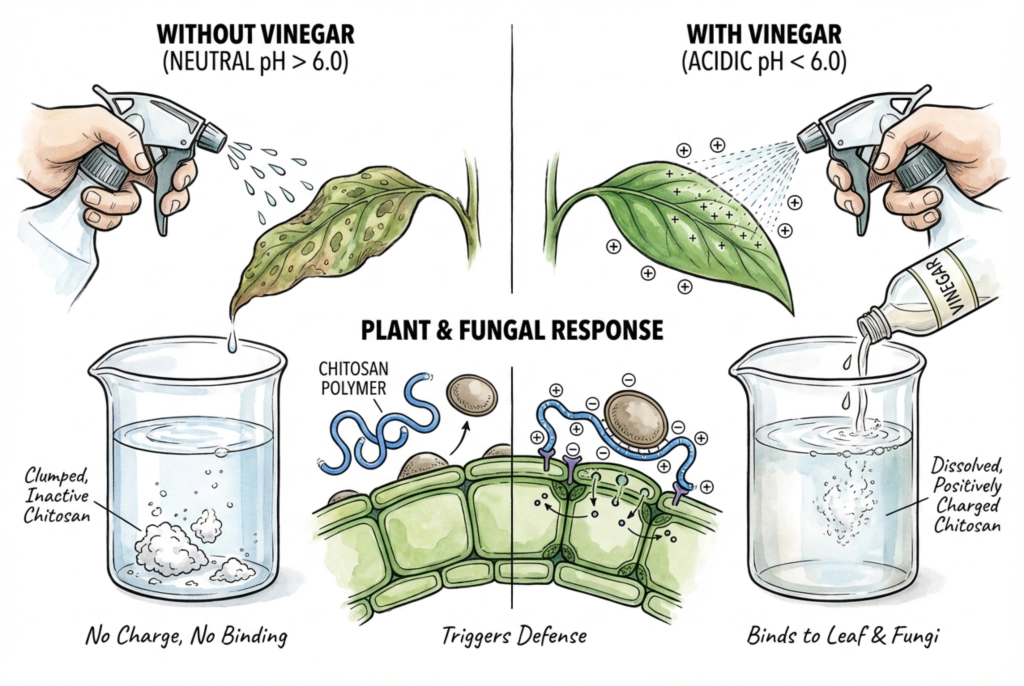 Illustration of dissolving plain chitosan powder in a dilute acid; a concept graphic that applies to non-water-soluble grades only