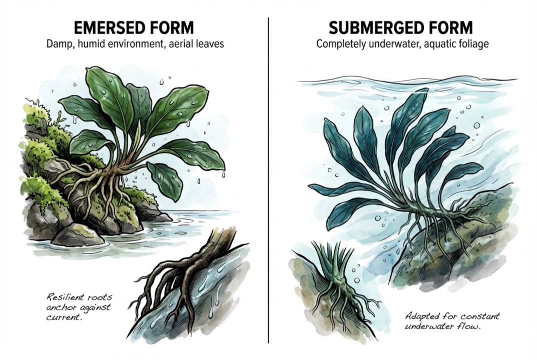 Illustration of Bucephalandra growing on rocks along a flowing stream, some leaves above water