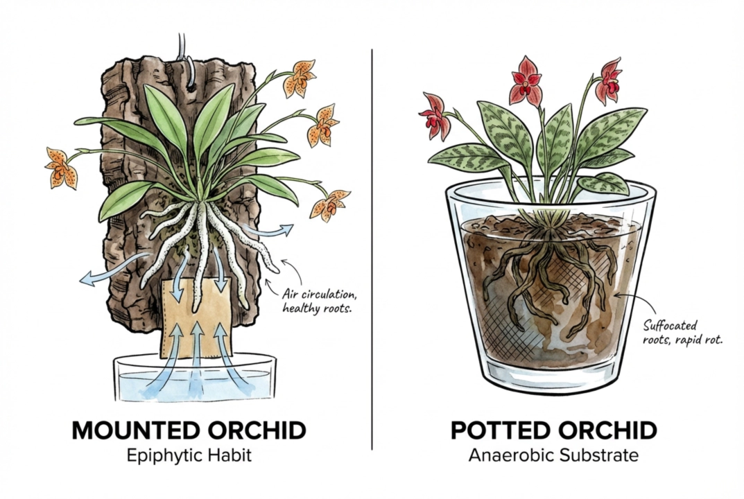 Illustration comparing an aerated mounted orchid with an orchid sitting in a water-filled glass.