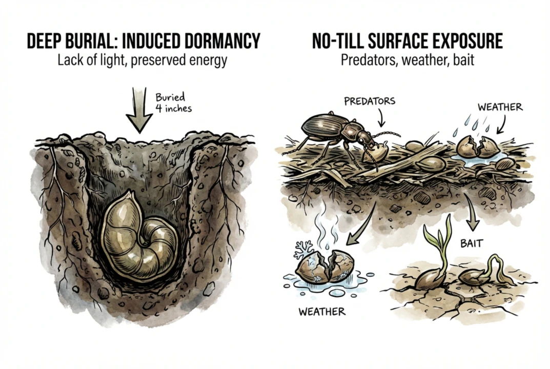 Illustration contrasting deep-buried weed seeds with seeds left on a no-till surface exposed to predators and weather. Effects vary by species; not a universal rule.