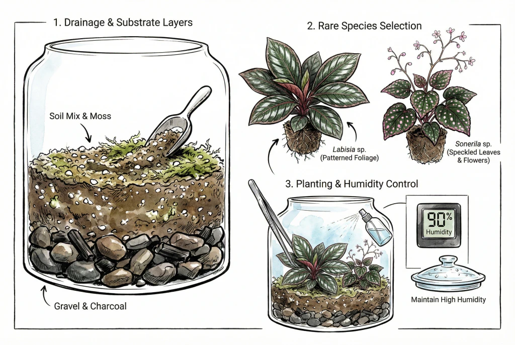 Cross-section illustration of a terrarium base showing an optional drainage layer, a barrier, and the substrate mix above it.
