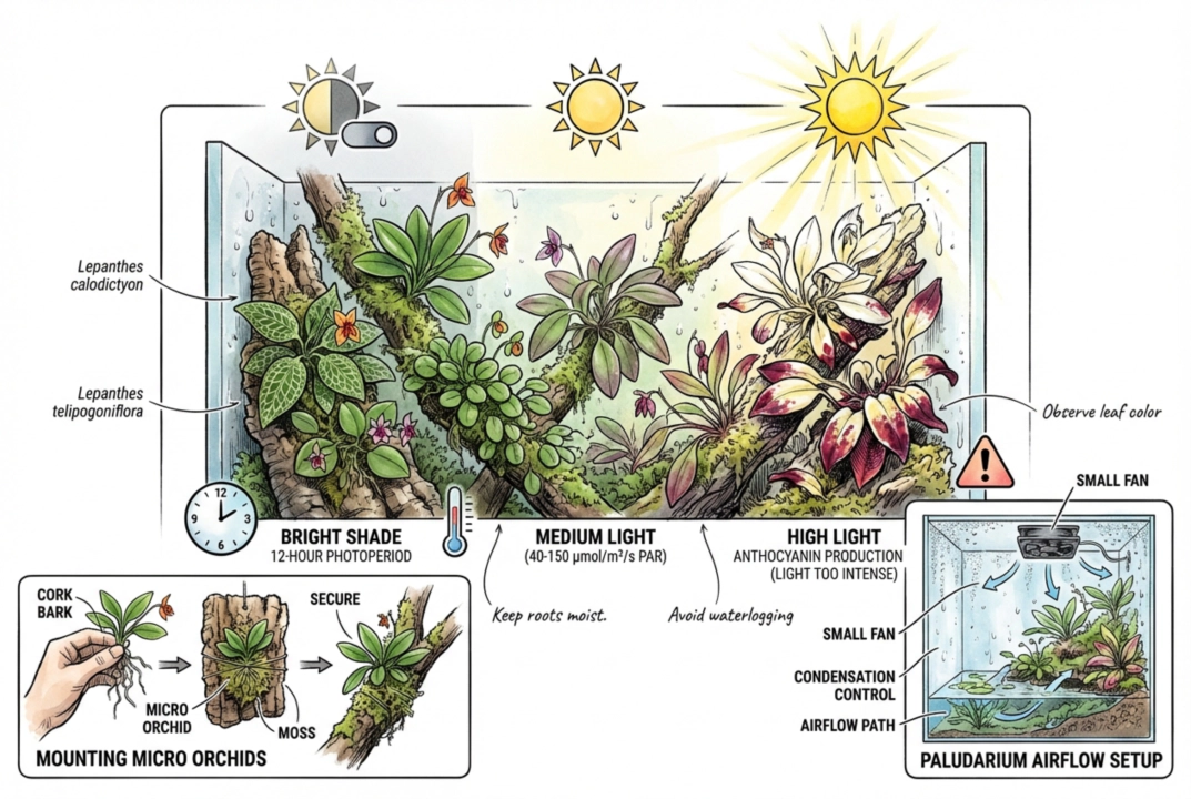 Illustration showing a shaded, mounted orchid under moderate light with gentle airflow.