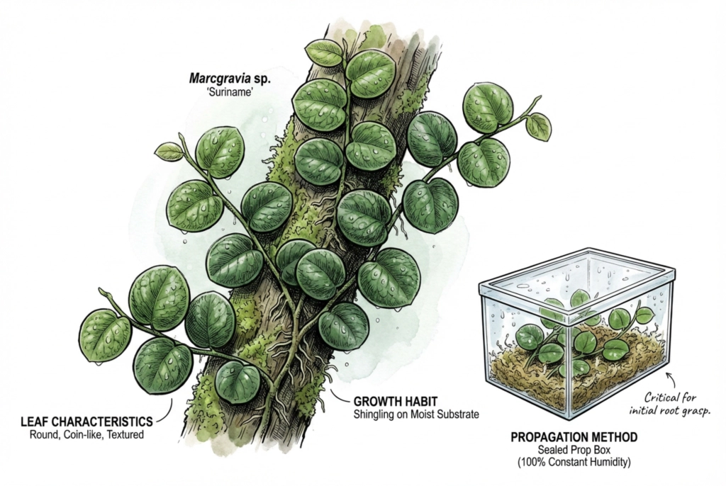 Stylized rendering of a round, coin-like Marcgravia leaf form.