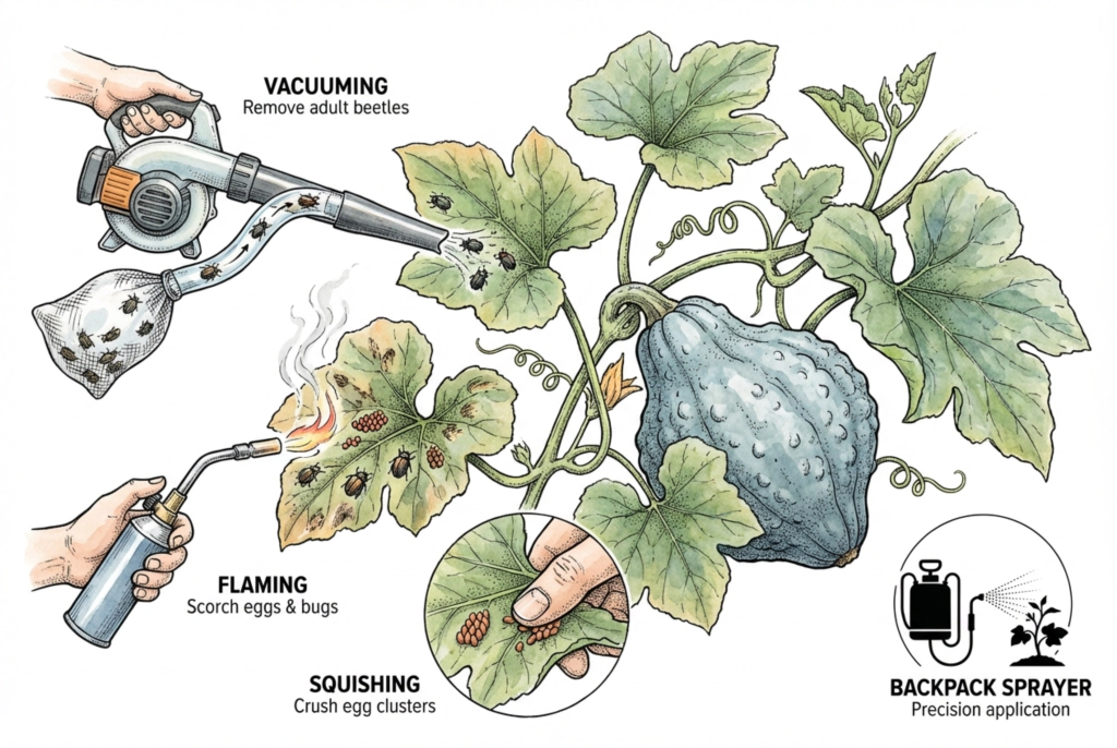 Illustration of non-chemical trap-crop management: vacuuming insects off the plant, flaming, crushing egg masses by hand, and a backpack sprayer.