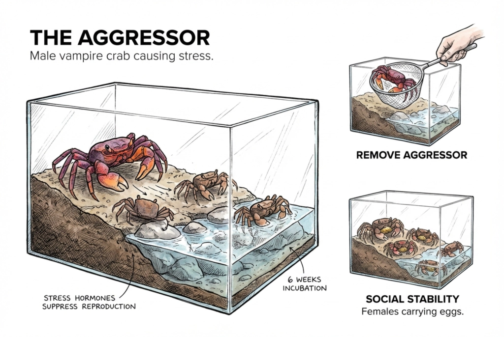 Illustrative diagram showing an aggressive crab being separated from the group into a holding container.