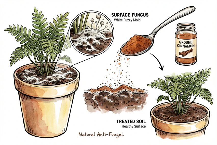 Illustration of ground cinnamon sprinkled on the surface of potting soil where white surface mold is growing.