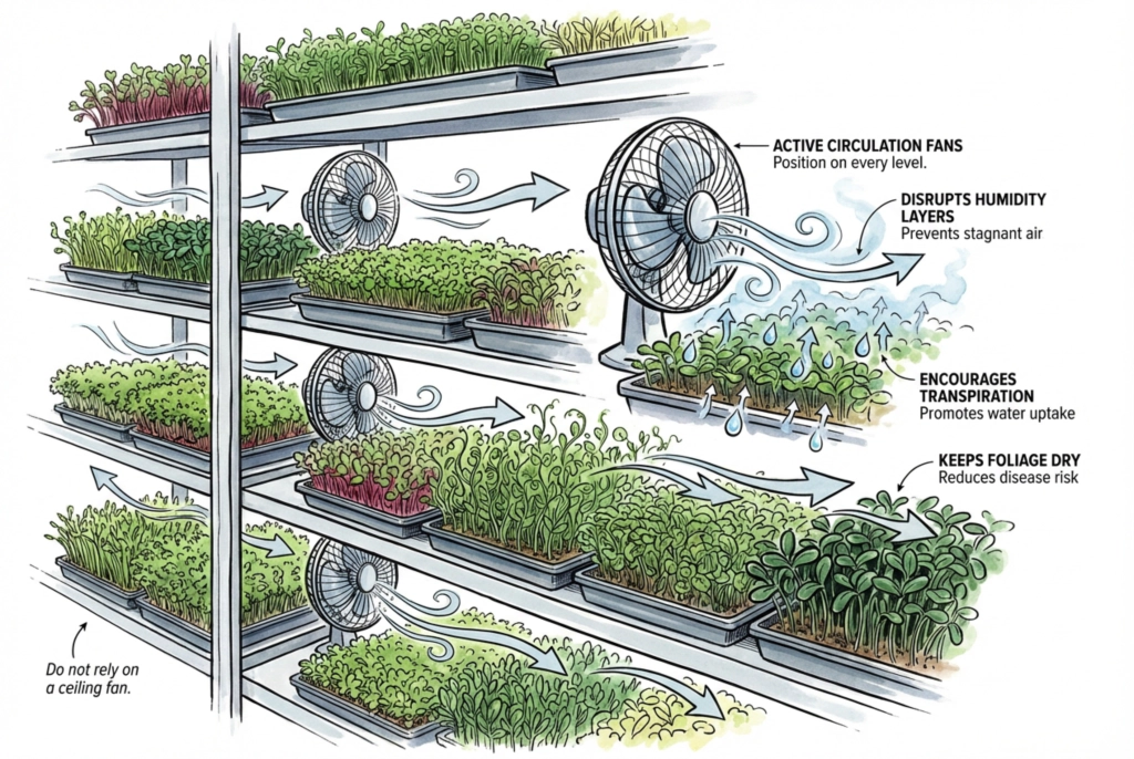 Illustration of circulation fans providing shelf-level airflow across microgreen trays