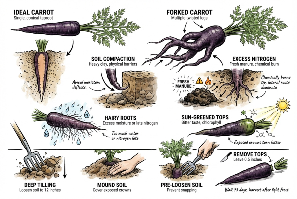 Comparison of a straight, single-rooted carrot with a forked, twisted carrot that has split into several legs.