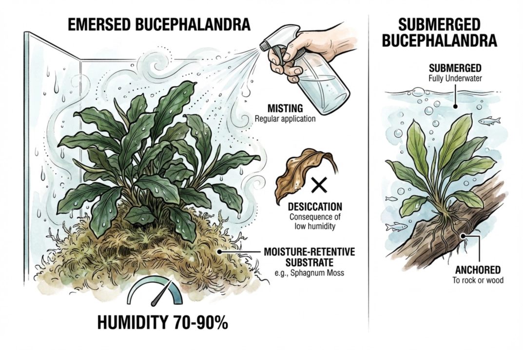 Illustration of an emersed Bucephalandra in a humid terrarium setting
