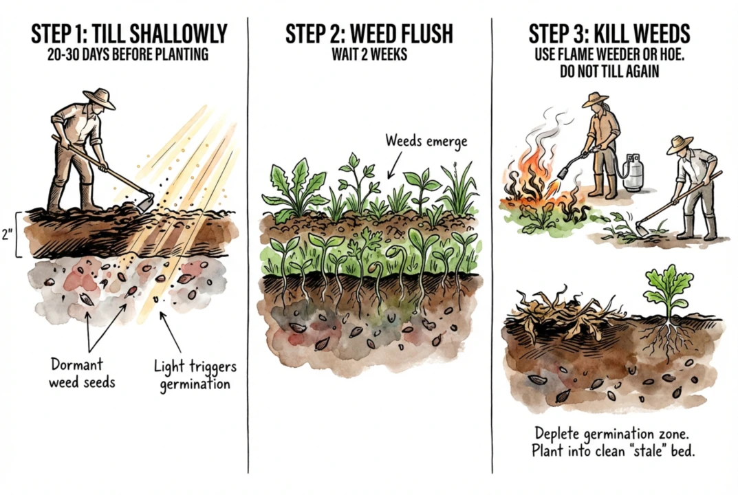Illustration of the stale seedbed steps: prepare and firm the bed, wait for a weed flush, then kill it with minimal soil disturbance.