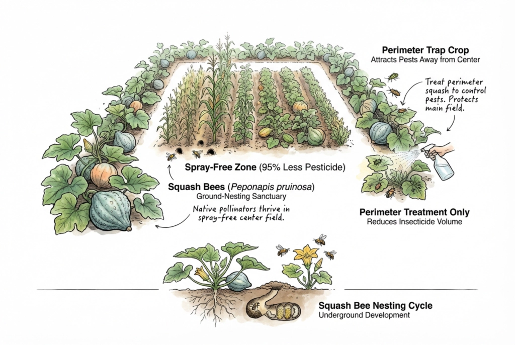 Field diagram showing insecticide confined to a perimeter trap crop while the center is left unsprayed, labeled as a lower-spray zone.