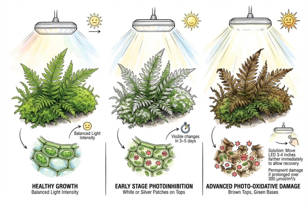 Illustration of a plant progressing from healthy green to bleached to brown under stress