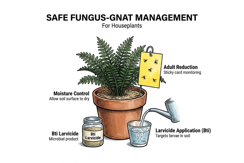 Illustration of soil being watered and yellow sticky cards used to monitor and reduce adult fungus gnats.