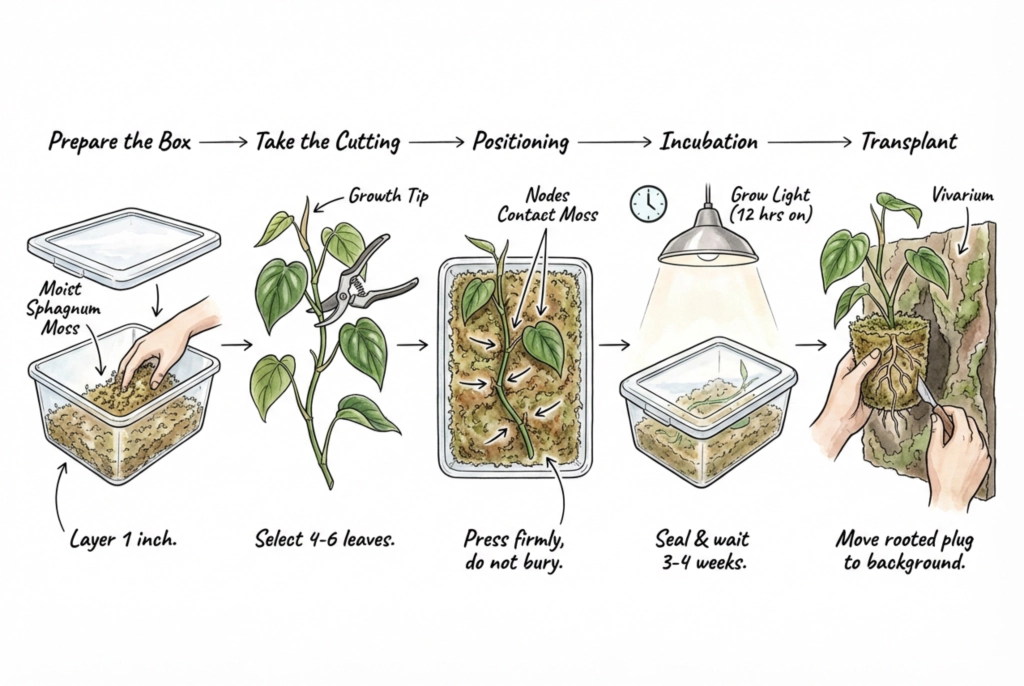 Conceptual propagation steps: cutting on moss in a covered clear box under a light.