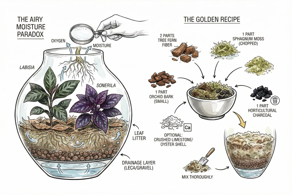 Illustration of substrate ingredients: separate piles of tree fern fiber, chopped sphagnum moss, orchid bark, and charcoal.