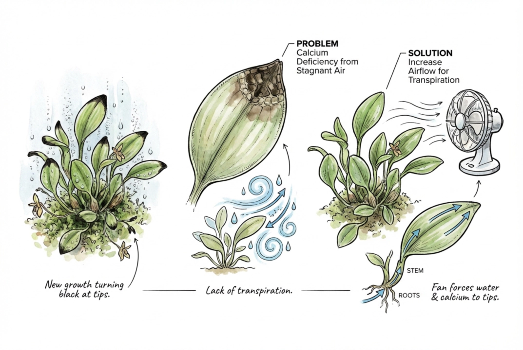 Illustration of an orchid leaf with a blackened tip, labeled as one possible sign of several causes.