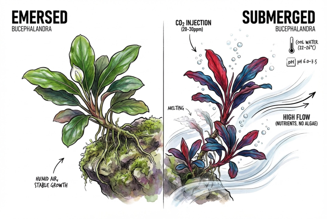Illustration of an aquarium with water circulation around mounted Bucephalandra