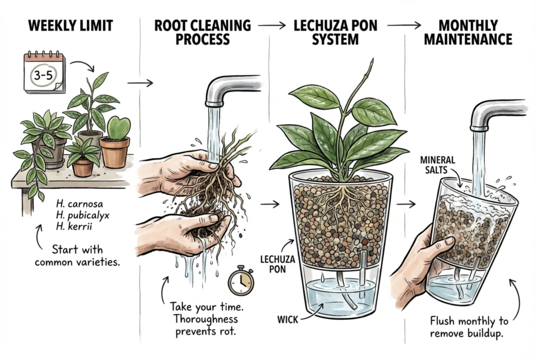 Ilustración de una colección de Hoyas trasladada a Pon de unas pocas plantas cada vez