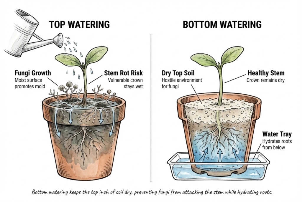 Illustration of the bottom-watering method, with a pot standing in a shallow tray of water
