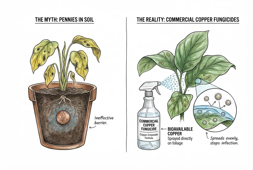Illustration contrasting a penny placed in soil with a copper octanoate fungicide sprayed on plant foliage, showing the different routes of application.