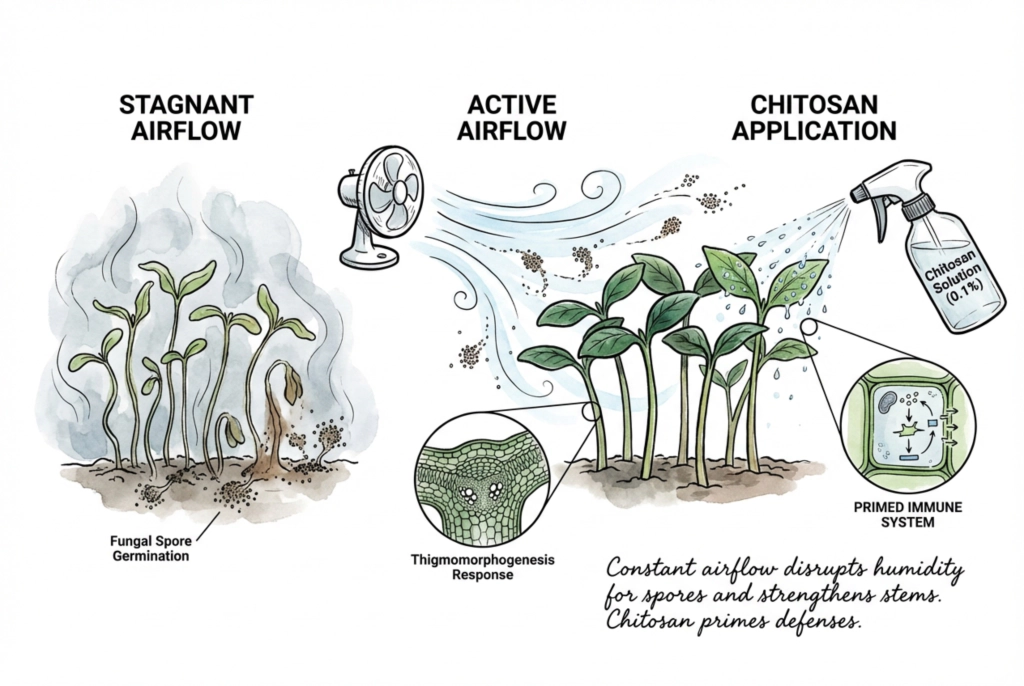 Illustration of a small fan moving air around a seedling tray