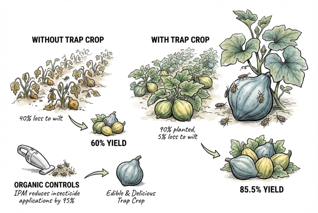 Illustration comparing a field without a trap crop to one with a trap crop, using example yield and pesticide-application percentages.