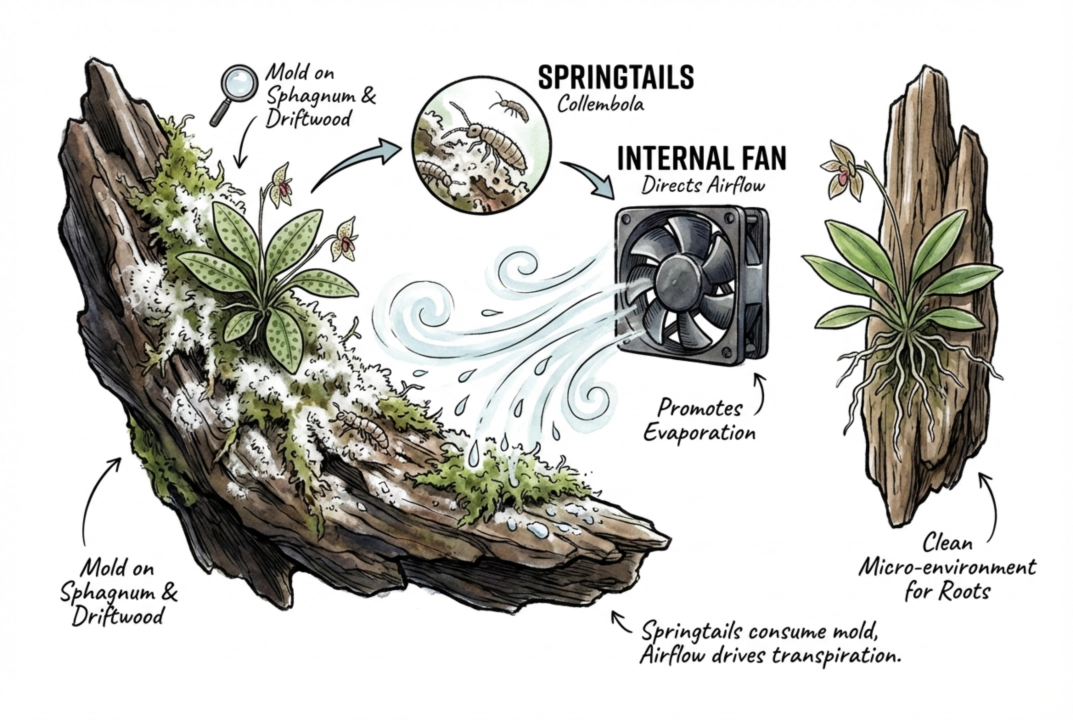 Illustration of white mold on a sphagnum-and-driftwood mount, with springtails and gentle airflow as controls.