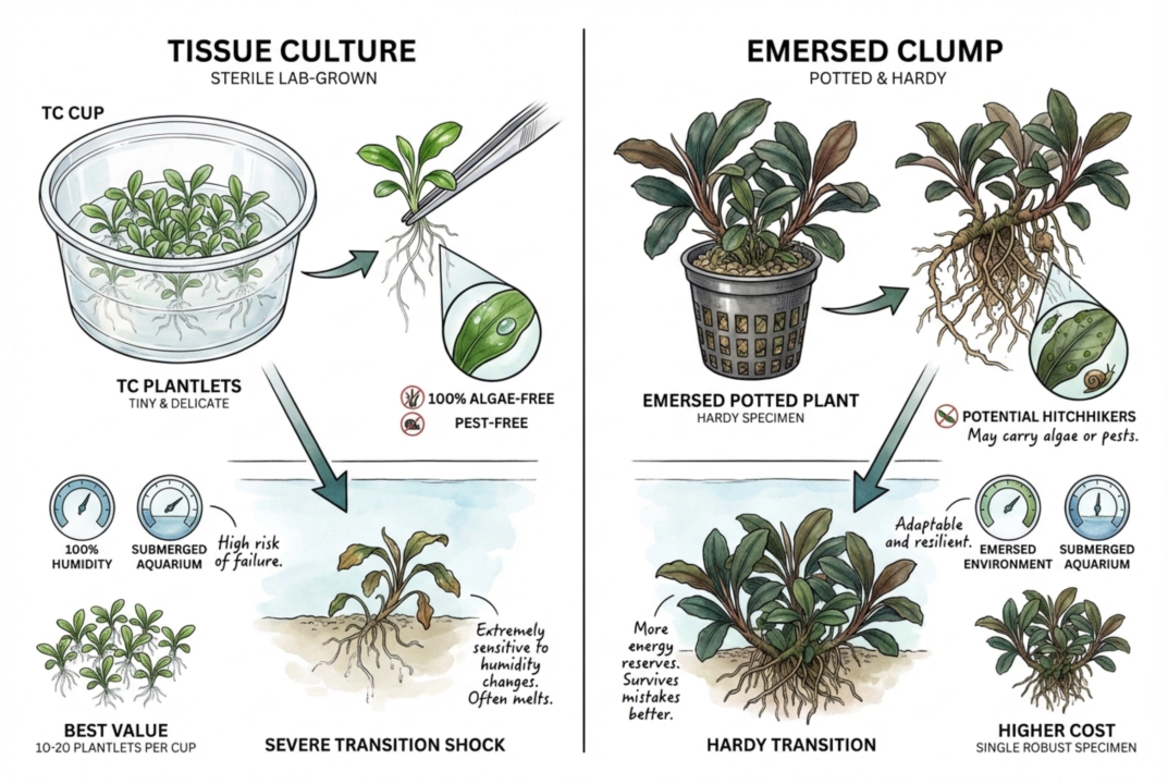 Illustration of a tissue-culture cup with small Bucephalandra plantlets beside a potted clump