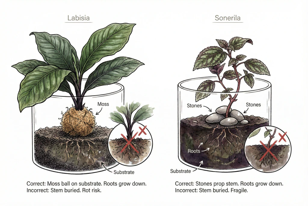 Illustration contrasting a Labisia stem set shallowly on the substrate with a do not bury warning against deep planting.