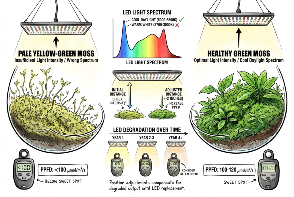 Illustration of pale, light-starved foliage next to healthier, deeper-green foliage