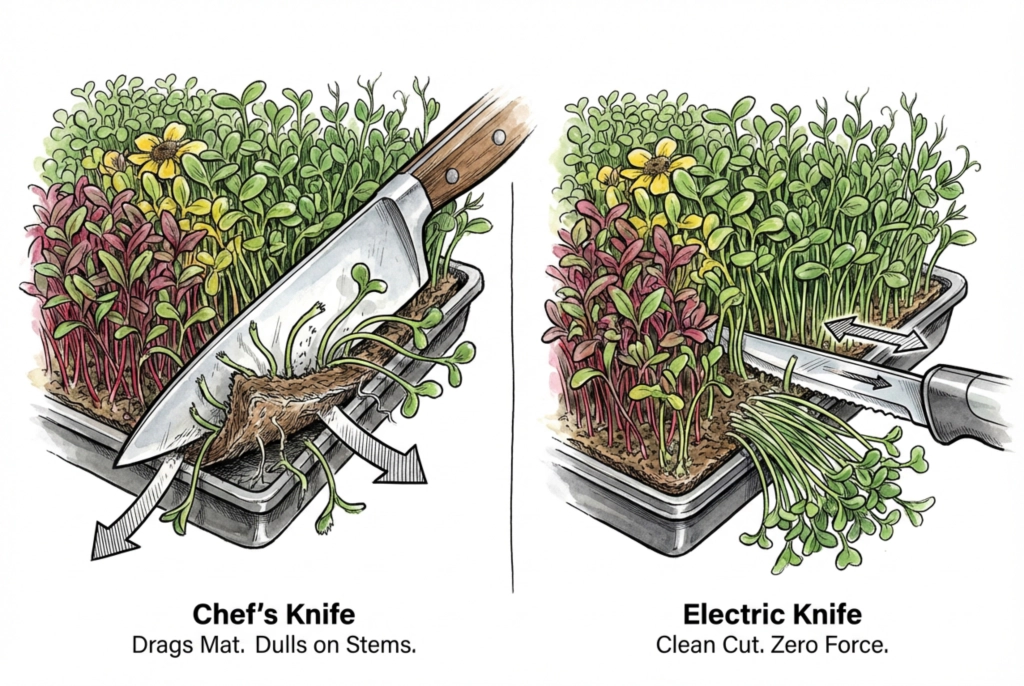 Illustration comparing a knife and an electric carving knife harvesting microgreen stems